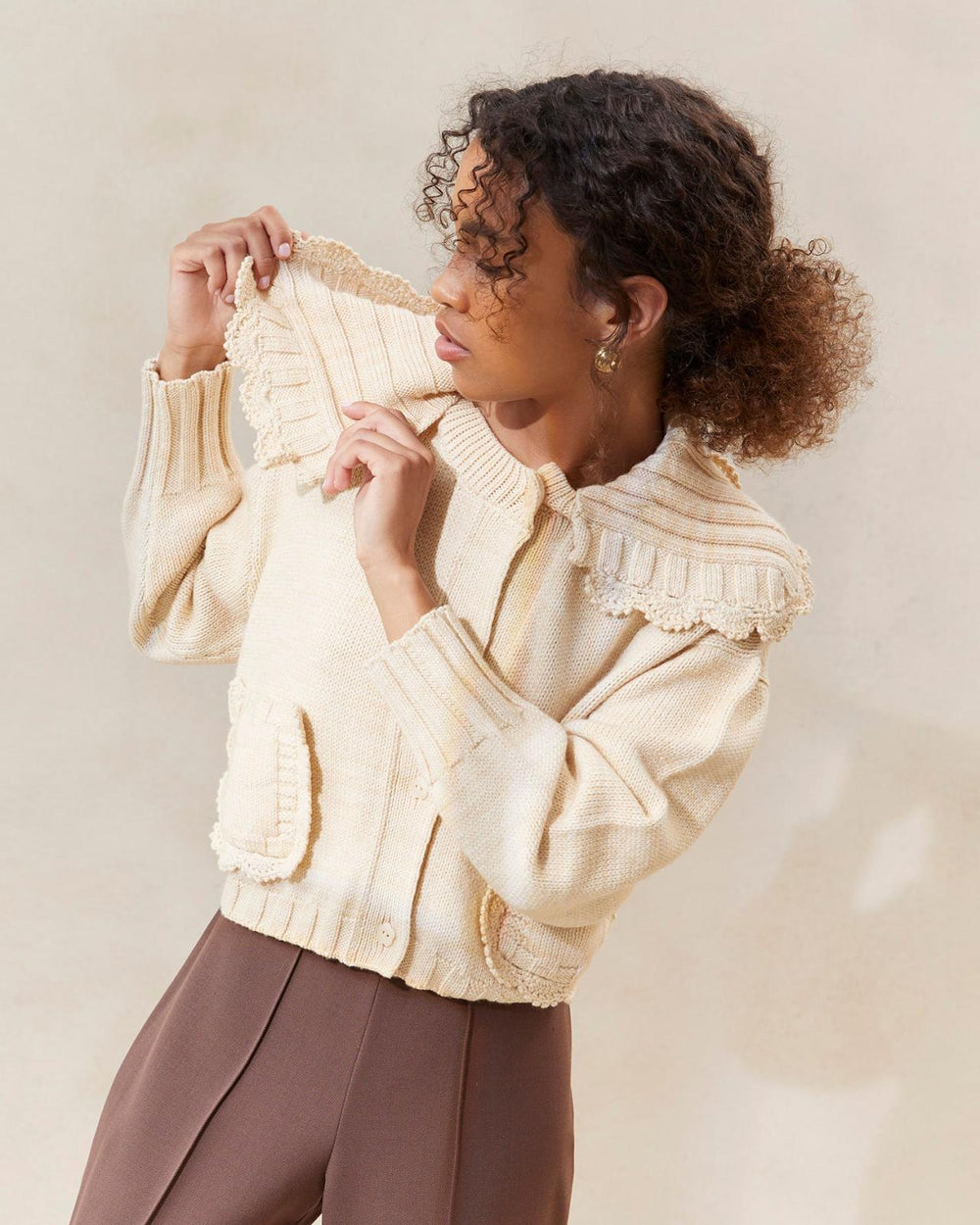 Loeffler Randall Lo Cream/Brown Collared Cardigan L Sweaters & Knits L Apparel | Women Tops