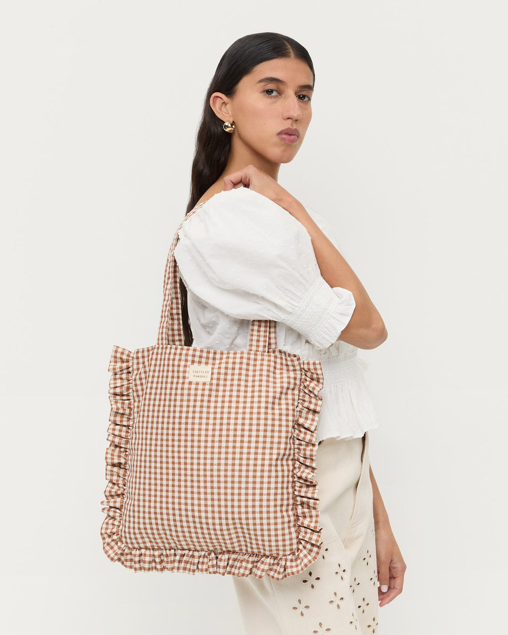 Justine Brown Gingham Ruffle Tote