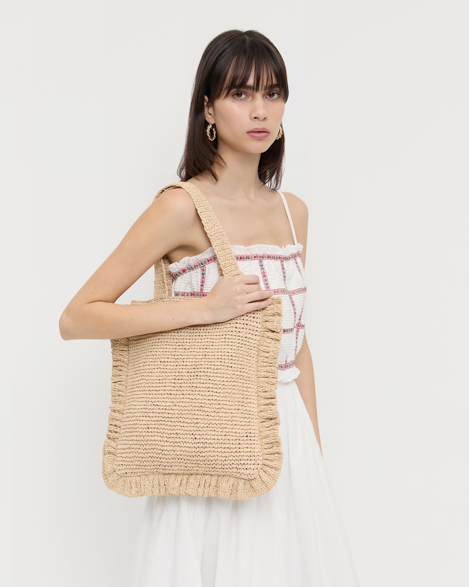 Justine Natural Crochet Ruffle Tote
