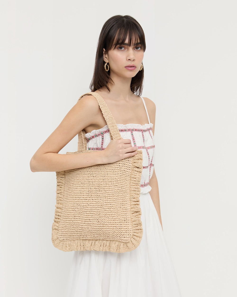 Justine Natural Crochet Ruffle Tote
