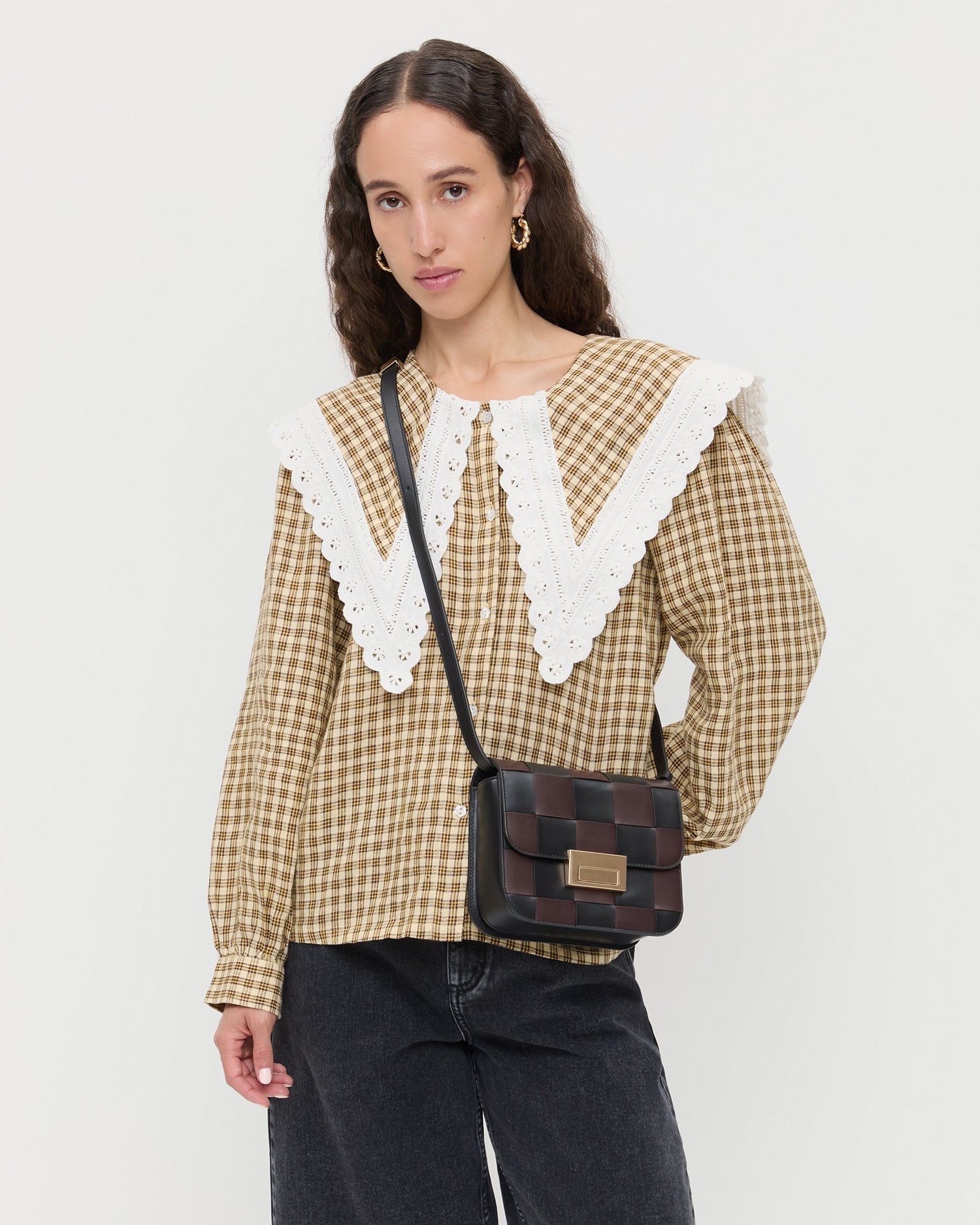 Desi Black/Espresso Woven Leather Crossbody