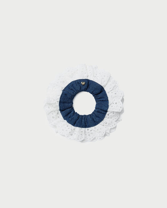 Dolly Denim/Cream Embroidered Scrunchie