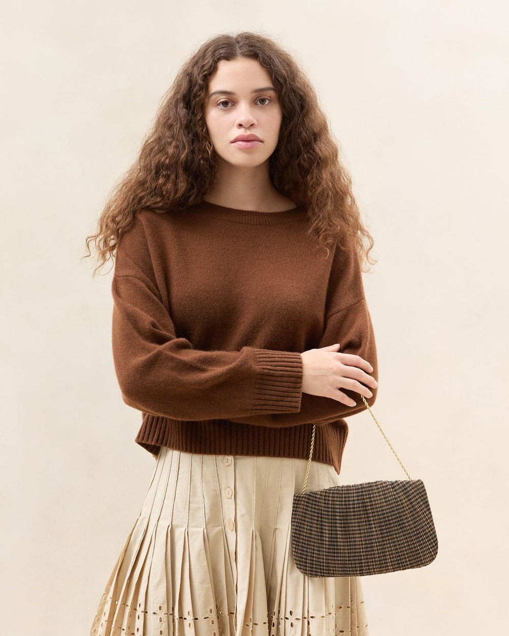 Loeffler Randall Brit Brown/Black Check Pleated Clutch | Women Clutches