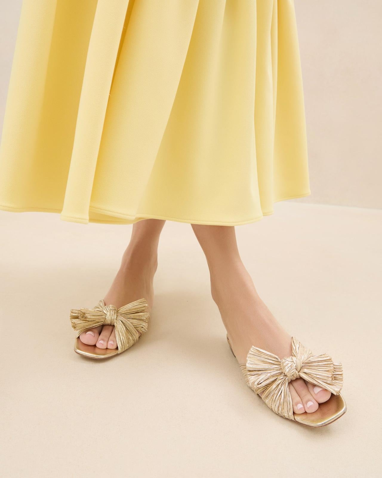 Loeffler Randall Daphne Gold Pleated Slide | Women Flat Sandals