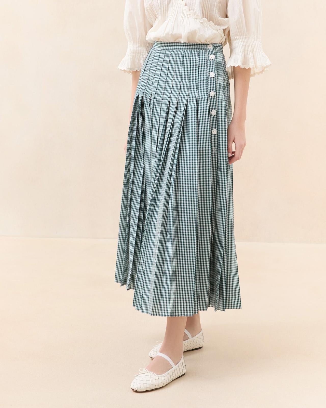 Loeffler Randall Emlyn Green Gingham Pleated Skirt I Bottoms I Apparel | Women Bottoms