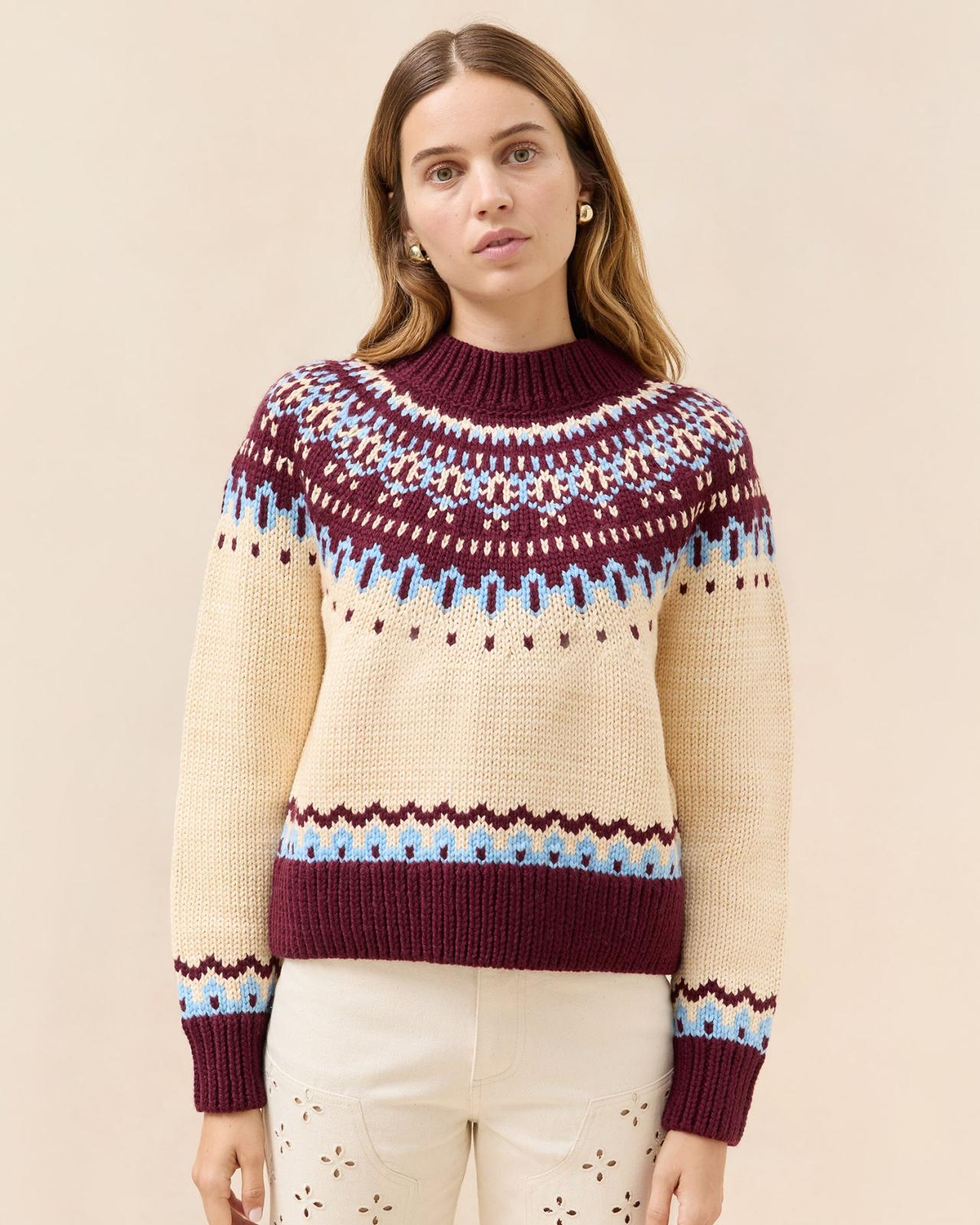 Loeffler Randall Florence Cream/Maroon Fairisle Sweater | Women Tops