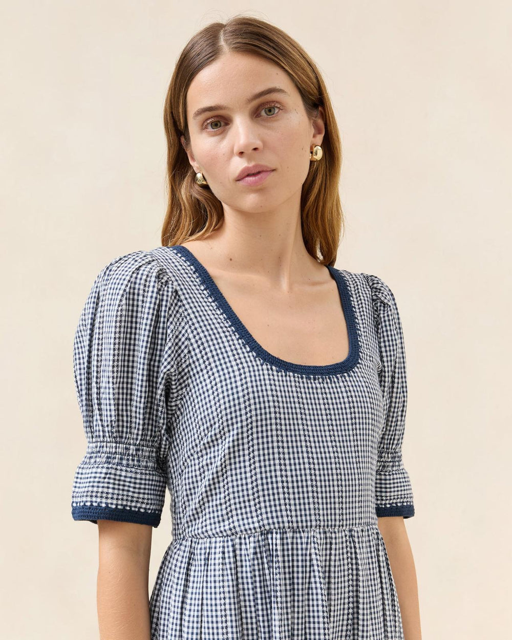 Loeffler Randall Gillian Navy Gingham Puff-Sleeve Dress | Women Dresses