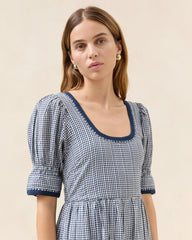 Loeffler Randall Gillian Navy Gingham Puff-Sleeve Dress | Women Dresses