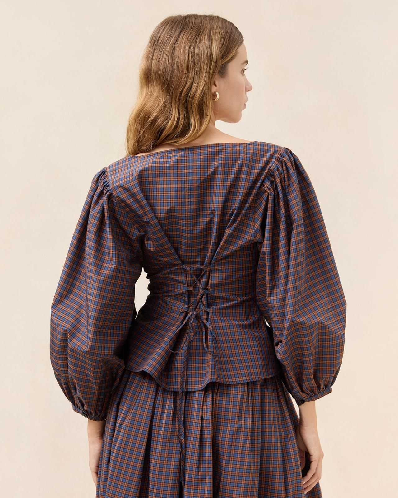 Loeffler Randall Isa Navy/Rust Plaid Blouse | Women Tops