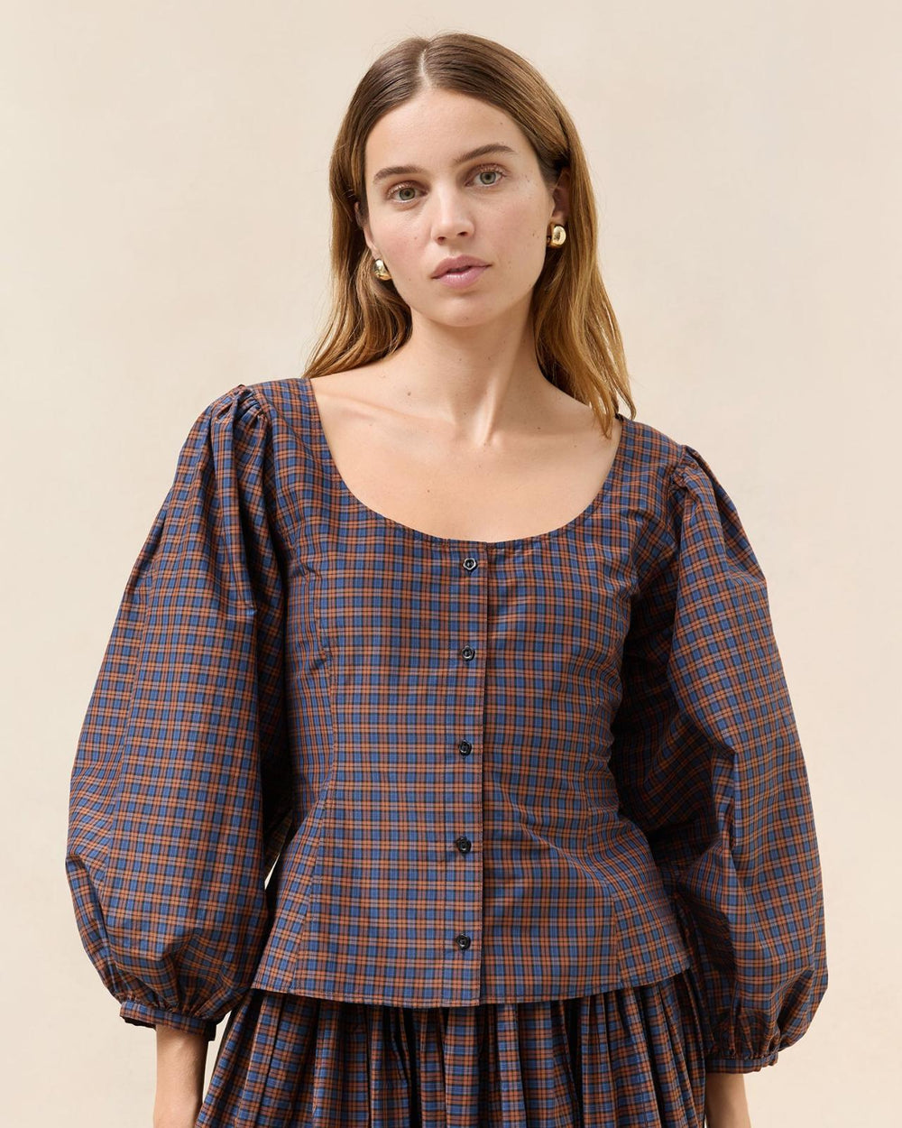 Loeffler Randall Isa Navy/Rust Plaid Blouse | Women Tops