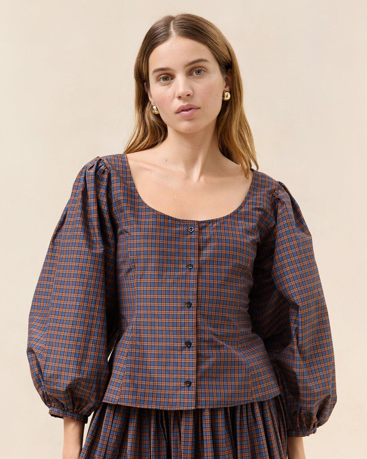 Loeffler Randall Isa Navy/Rust Plaid Blouse | Women Tops