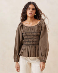 Loeffler Randall Julietta Brown Gathered Cotton Top L Tops L Apparel | Women Tops