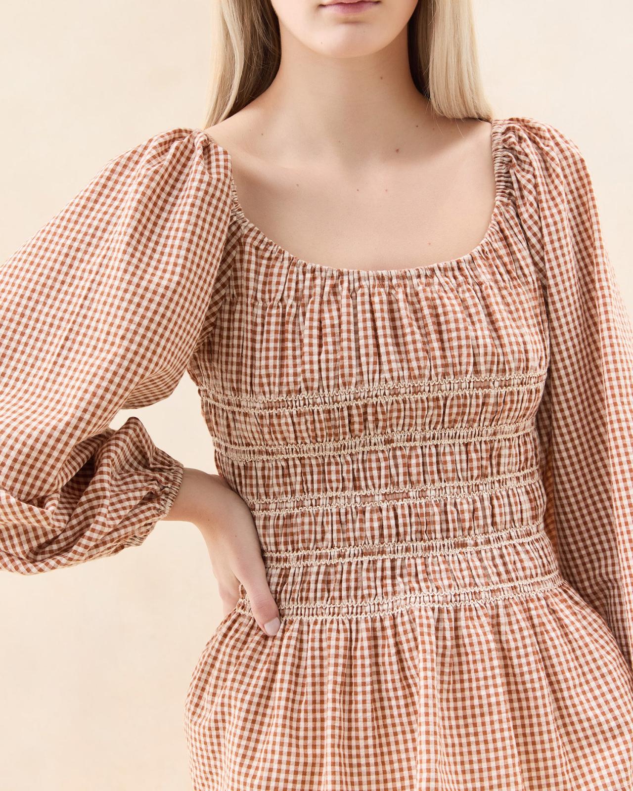 Loeffler Randall Julietta Brown Gingham Cotton Top I Tops I Apparel | Women Tops