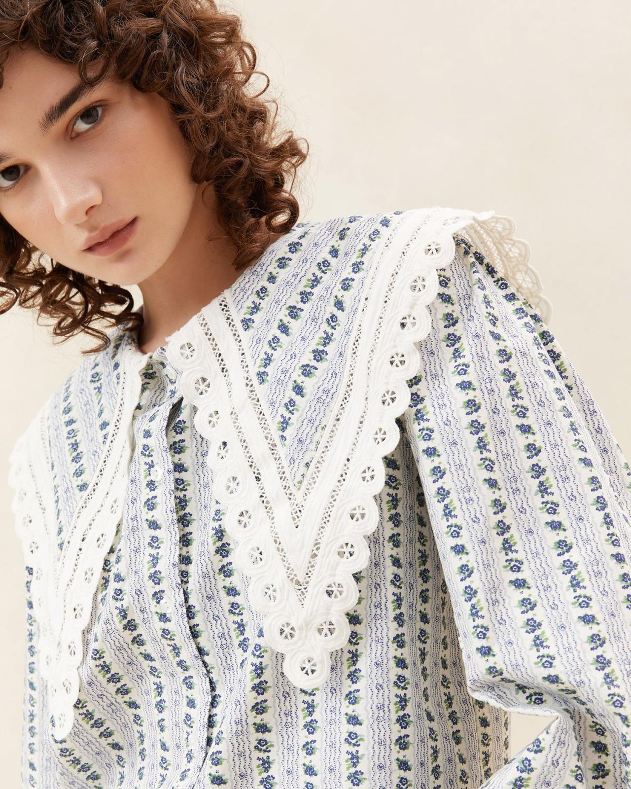 Loeffler Randall Ken Blue Floral Collared Blouse L Tops L Apparel | Women Tops