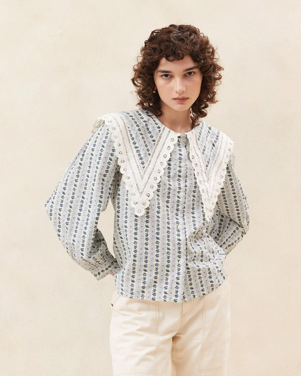 Loeffler Randall Ken Blue Floral Collared Blouse L Tops L Apparel | Women Tops