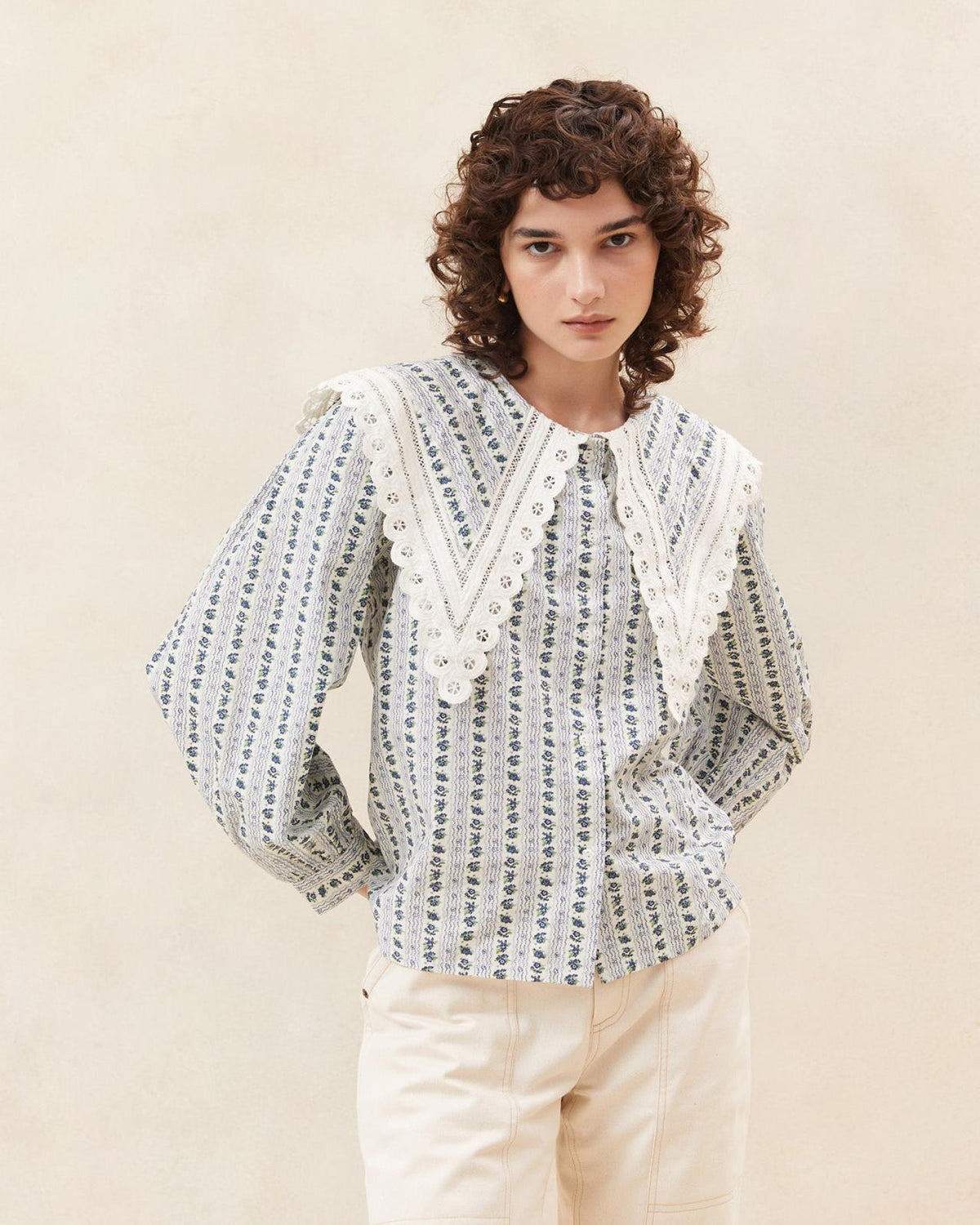 Loeffler Randall Ken Blue Floral Collared Blouse L Tops L Apparel | Women Tops