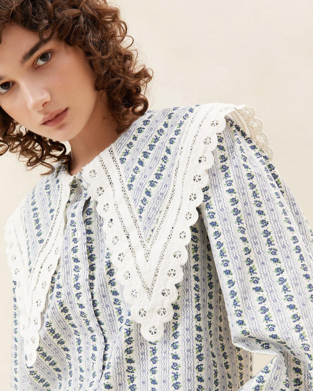 Loeffler Randall Ken Blue Floral Collared Blouse L Tops L Apparel | Women Tops