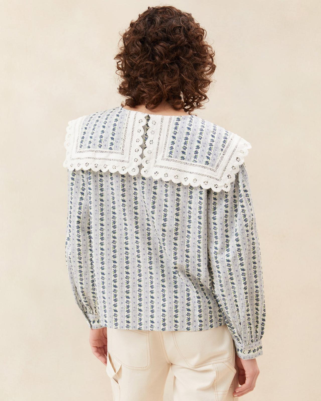 Loeffler Randall Ken Blue Floral Collared Blouse L Tops L Apparel | Women Tops