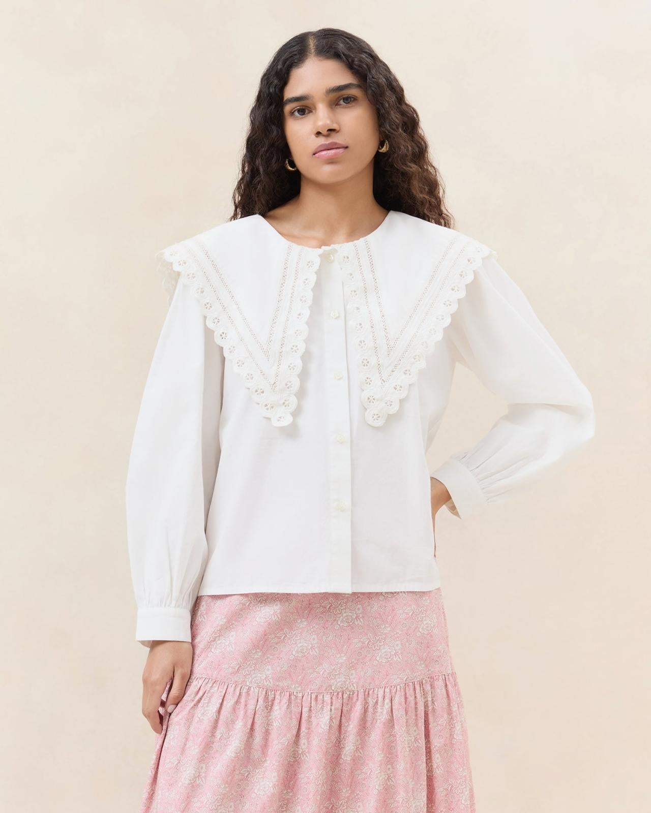 Loeffler Randall Ken Blue Floral Collared Blouse L Tops L Apparel | Women Tops