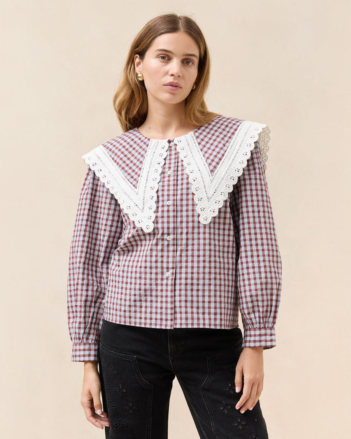 Loeffler Randall Ken Blue/Maroon Collared Blouse | Women Tops