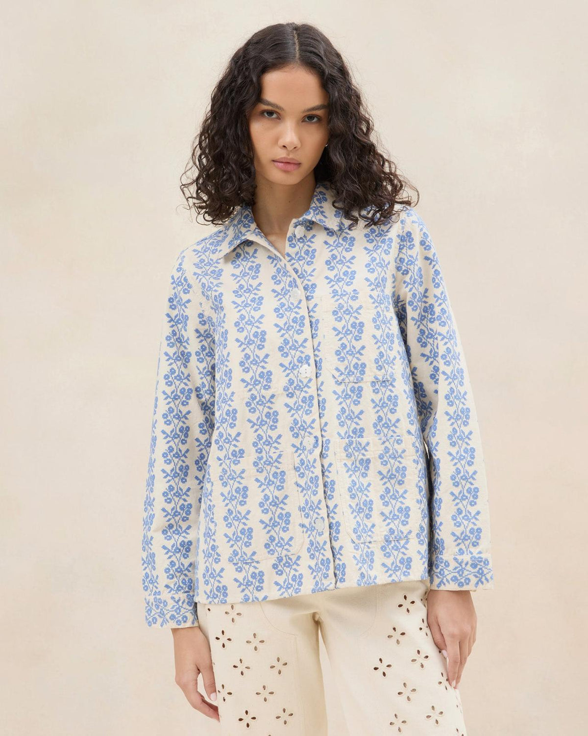 Loeffler Randall Kennedy Cream/Blue Printed Jacket L Outerwear L Apparel | Women Outerwear