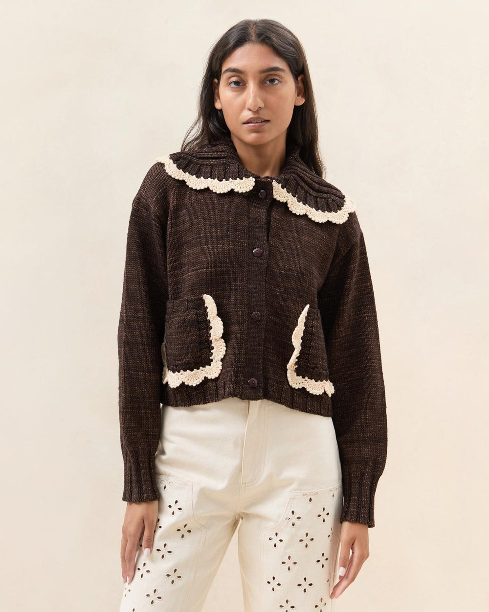 Loeffler Randall Lo Brown/Cream Collared Cardigan L Sweaters &amp; Knits L Apparel | Women Knitwear