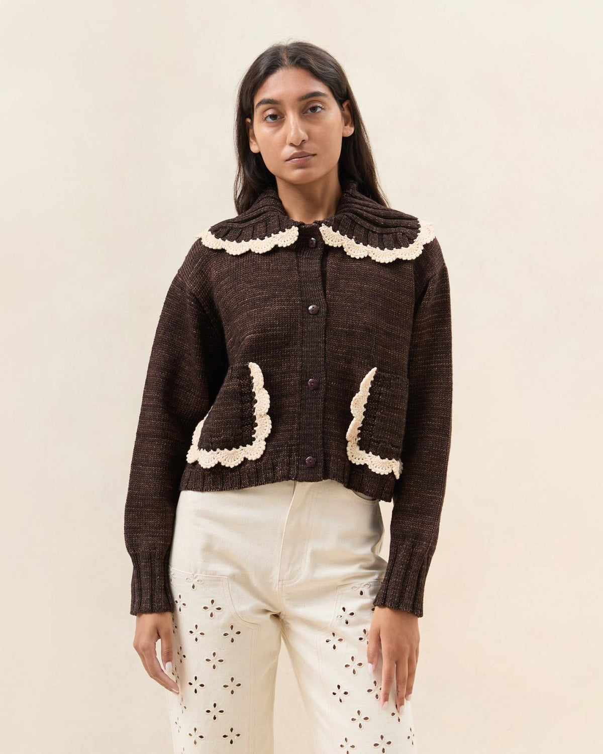 Loeffler Randall Lo Brown/Cream Collared Cardigan L Sweaters &amp; Knits L Apparel | Women Tops