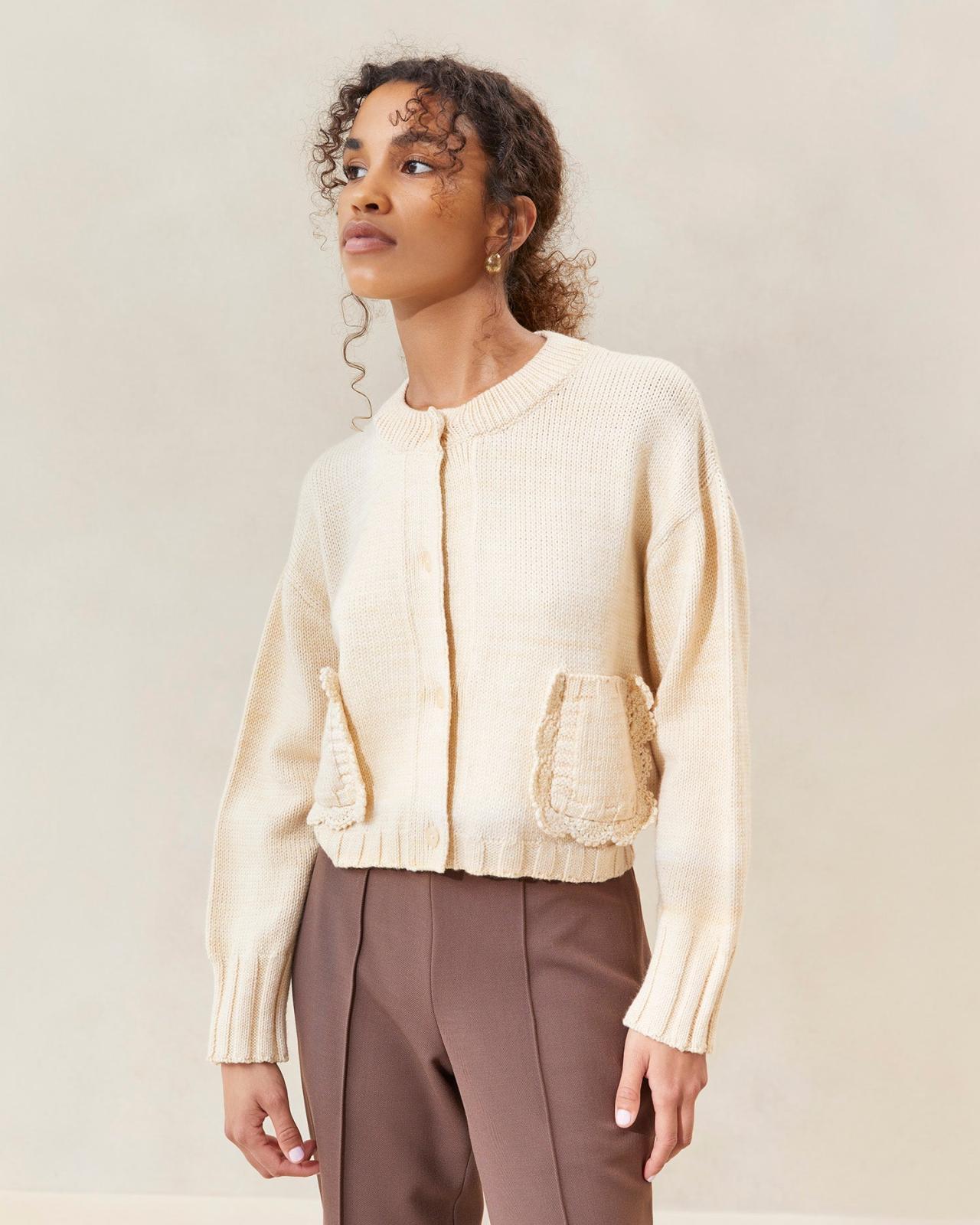 Loeffler Randall Lo Cream/Brown Collared Cardigan L Sweaters &amp; Knits L Apparel | Women Tops