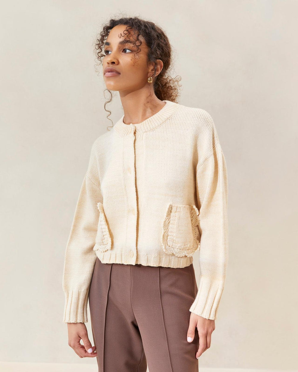 Loeffler Randall Lo Cream/Brown Collared Cardigan L Sweaters &amp; Knits L Apparel | Women Tops