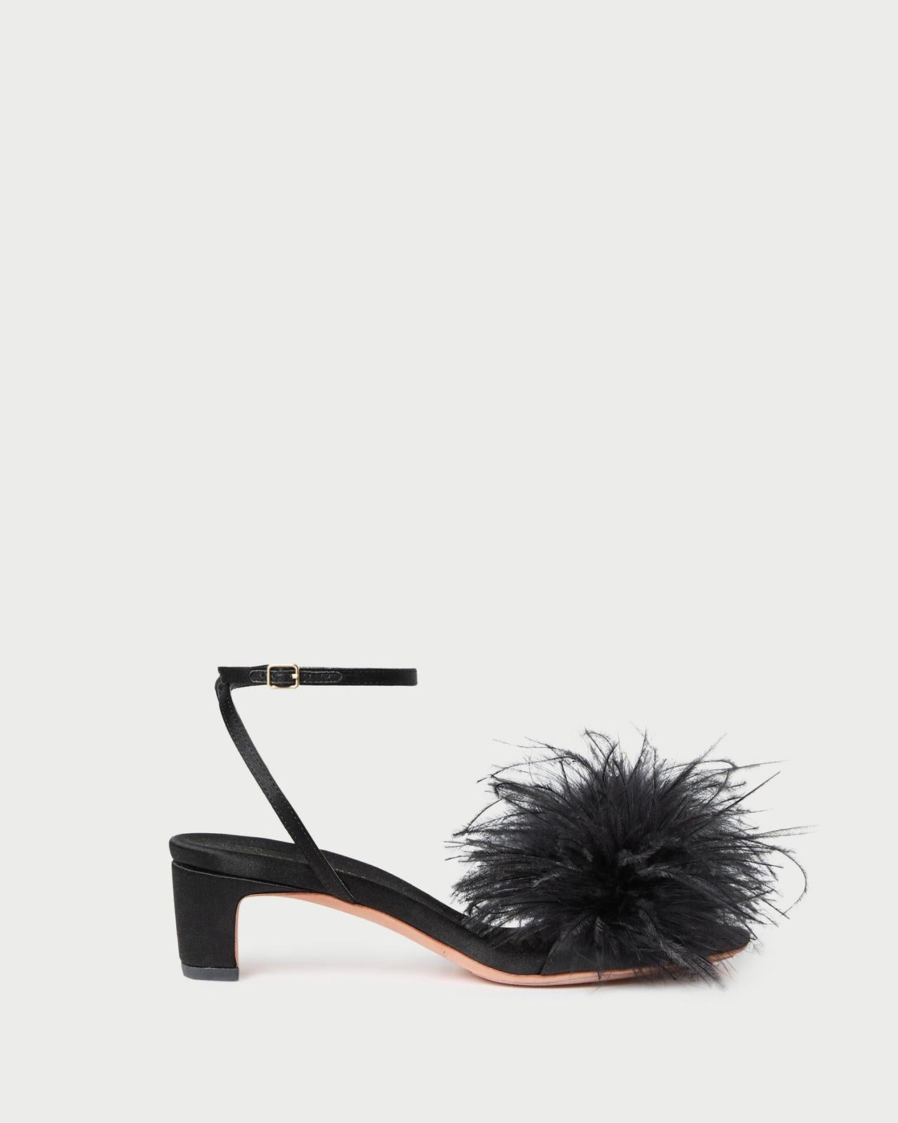 Loeffler Randall Senna Black Satin/Feather Sandal | Women Heeled Sandals