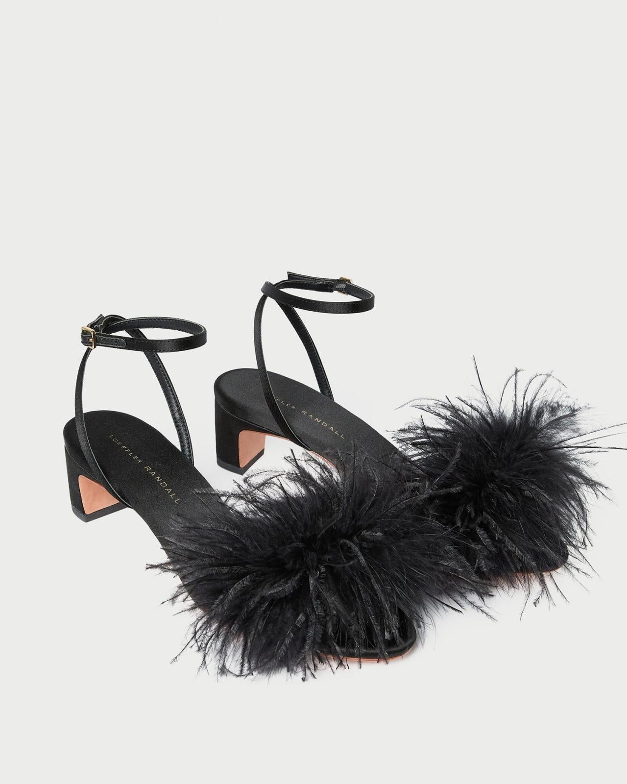 Loeffler Randall Senna Black Satin/Feather Sandal | Women Heeled Sandals